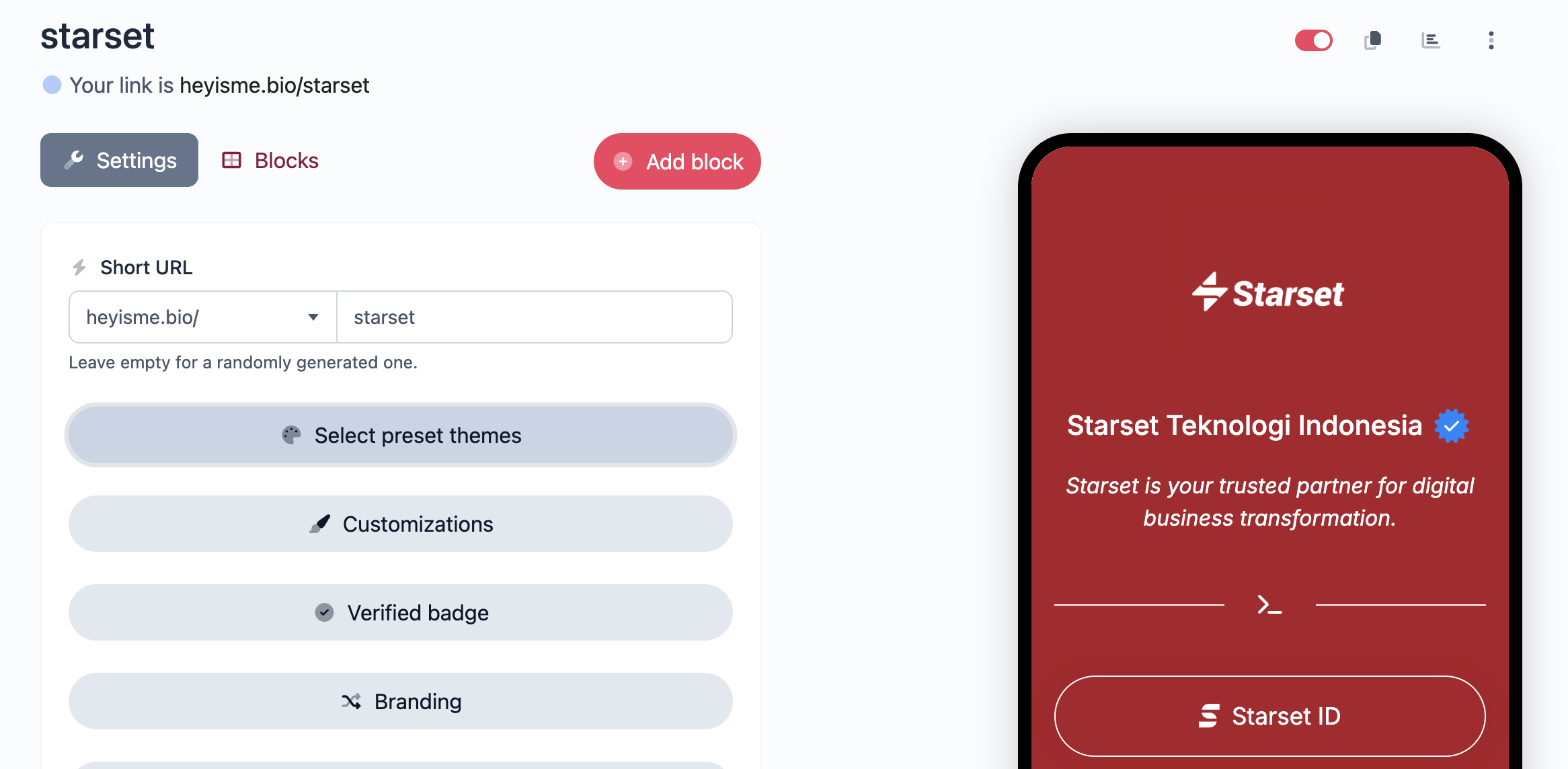 Screenshot of the app biolink editing page